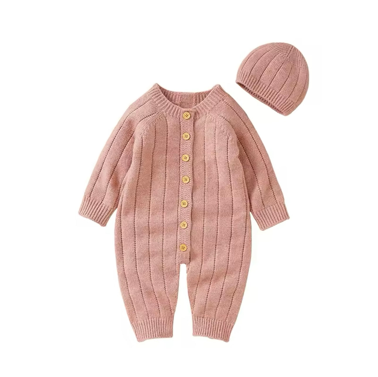 Knitted button-down onesie with hat