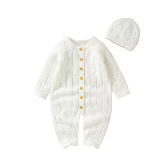 Knitted button-down onesie with hat