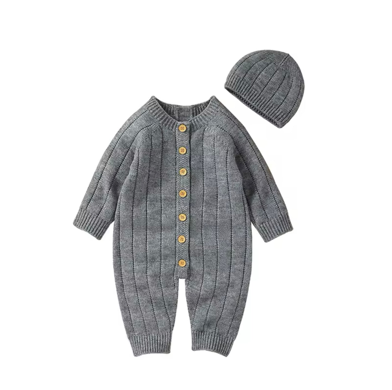 Knitted button-down onesie with hat