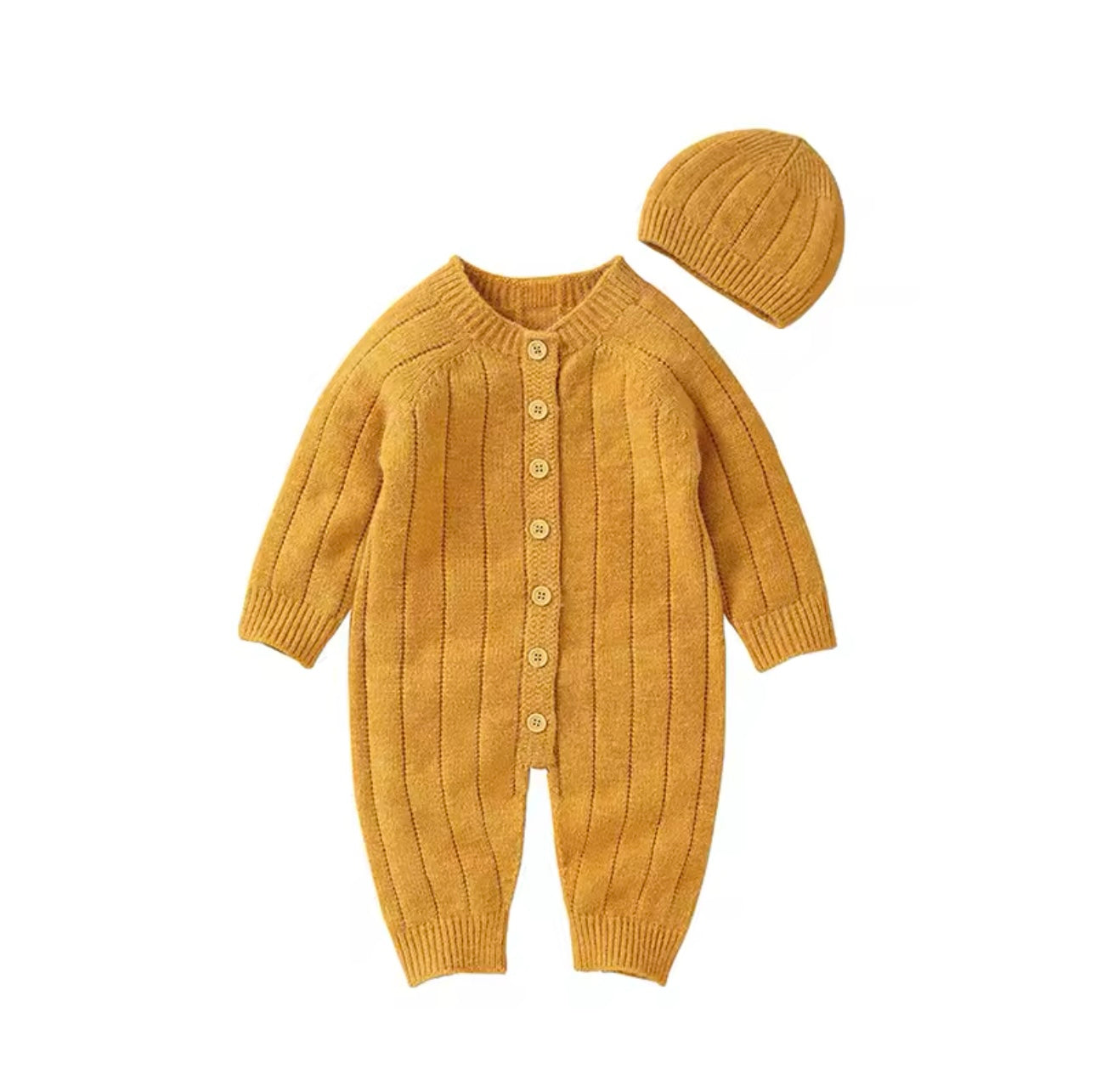 Knitted button-down onesie with hat